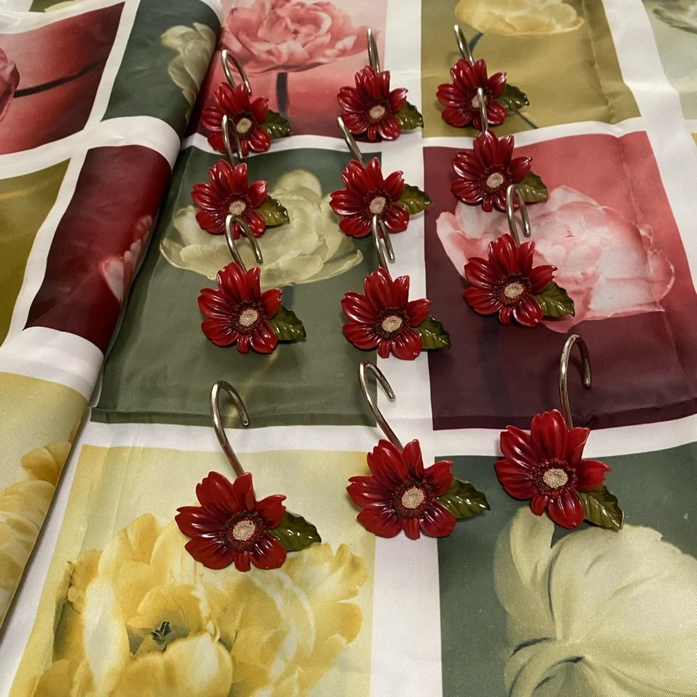Tweel Home Furnishings Shower Curtains (2) Fabric Red/Yellow with Hooks Included